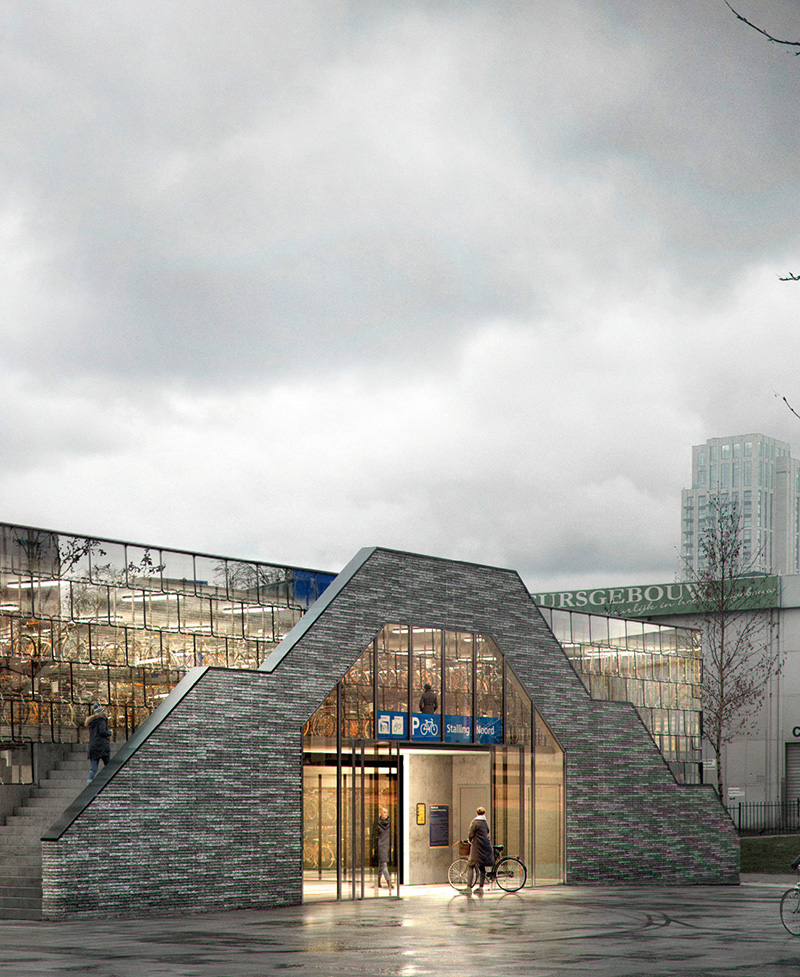 Wizualizacja wejścia głównego parkingu rowerowego; il. Absent Matter